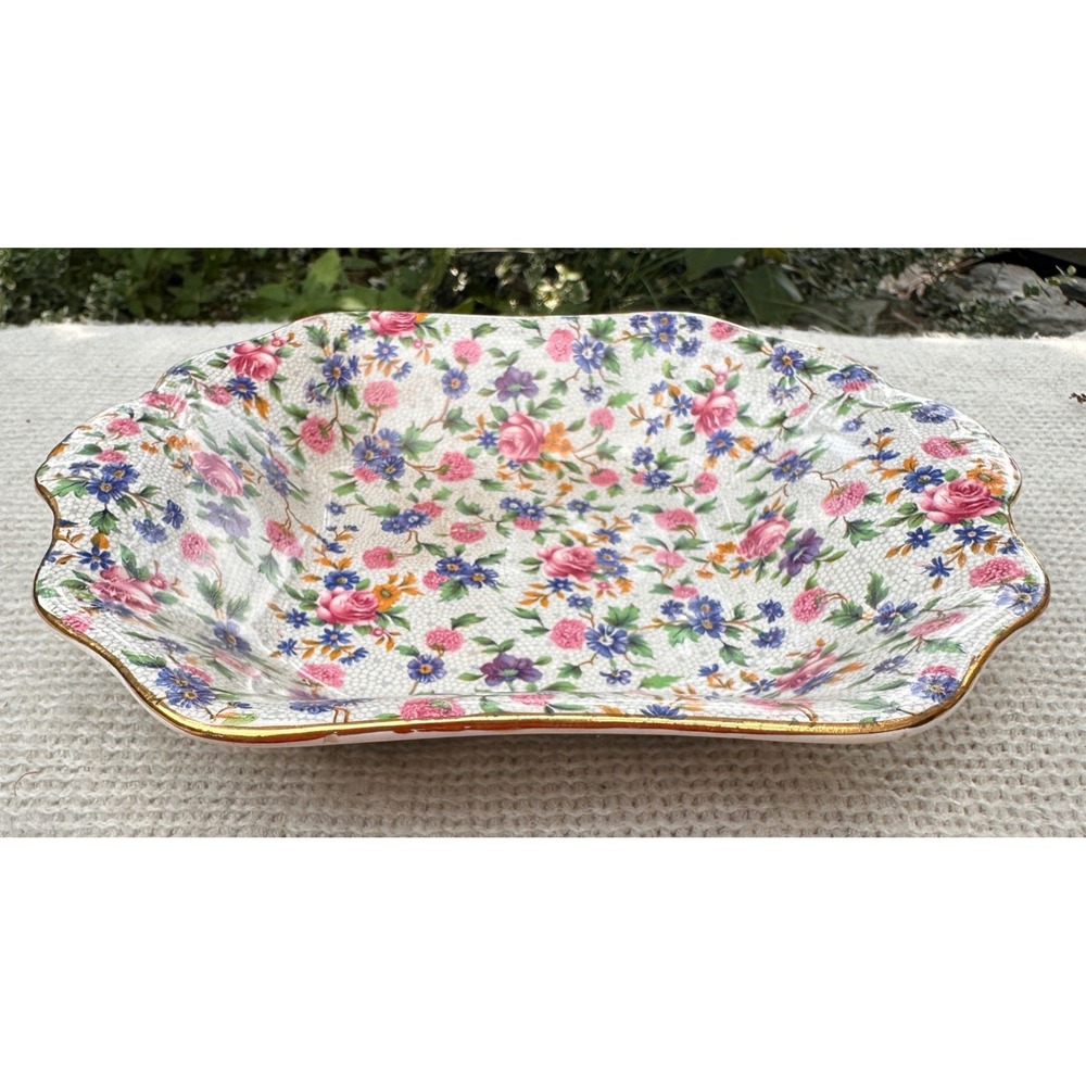 Royal Winton Old Cottage Chintz Square Bowl Gold Rim England 8" Grandmillennial